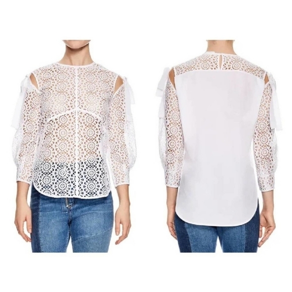 Sandro Paris White Eyelet Lace Tie Sleeve Top - Picture 1 of 14